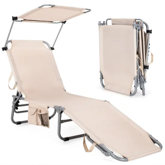 Adjustable Outdoor Beach Patio Pool Recliner with Sun Shade Beige {8}