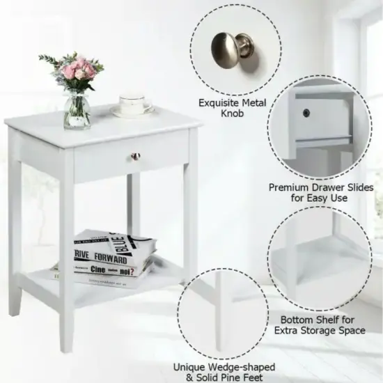 2-Tier Wooden Storage Display Nightstand End Table with 1 Drawer and Metal Handle White {6}