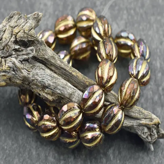 *12* 10mm Gold Washed Root Beer Topaz AB Faceted Round Melon Beads {4}