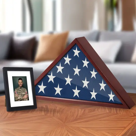 Americanflat Small Flag Display Case for Burial Flag - Fits Folded Flag - Elegant Military Flag Display Case - Plexiglass Cover - Triangle Hanging Hardware - Brown {12}