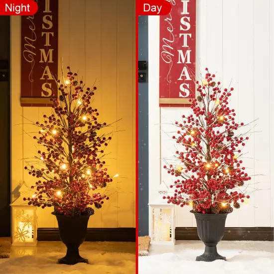 Set of 2 36''H Christmas Lighted Berry Pine Cone Urn Porch Trees With Timer Red {11}