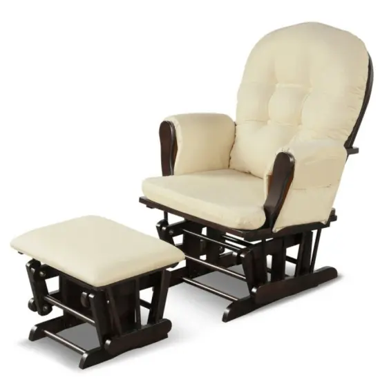 Solid Wood Gliding Chair Set with Pockets and Ottoman for Relaxing Beige {7}