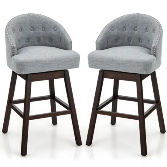 Set of 2 Swivel Bar Stools Tufted Bar Height Pub Chairs with Rubber Wood Legs Grey {8}