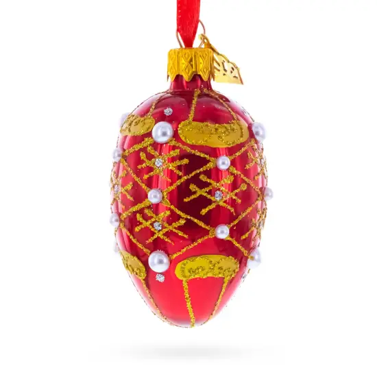 Red with Gold Glitter, Pearl Accents, and Floral Design Mini Glass Egg Ornament 2.9 Inches {4}