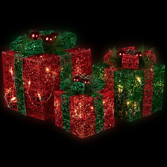 Northlight LED Lighted Glitter Threaded Gift Boxes Outdoor Christmas Decoration - Set of 3 Red {4}