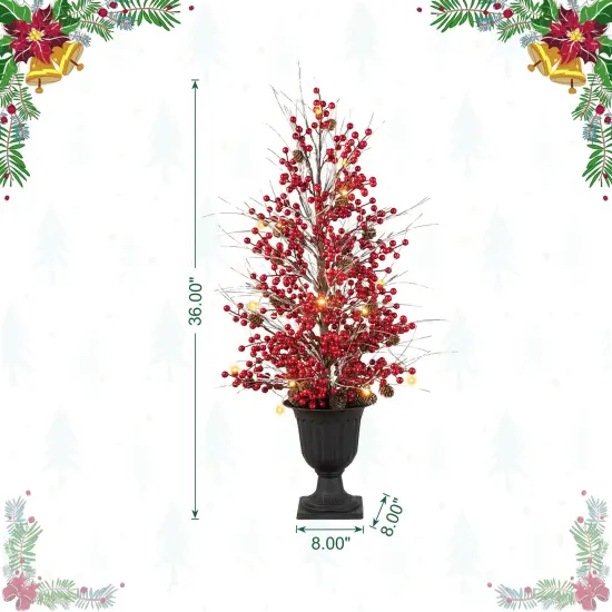 Set of 2 36''H Christmas Lighted Berry Pine Cone Urn Porch Trees With Timer Red {5}