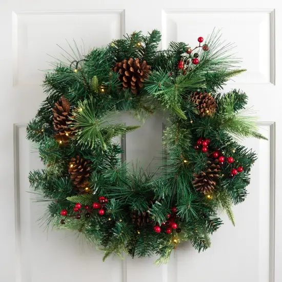 Northlight Pre-Lit Battery Operated Mixed Pine and Berries Christmas Wreath - 24" - Warm White LED Lights Green {1}
