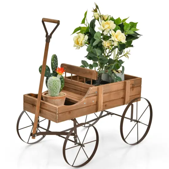 Rustic Wooden Wagon Planter with Metal Wheels Small Garden Cart for Flowers Outdoor Decor Brown {9}