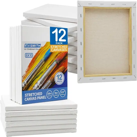 Stretched Canvas for Painting- 8x10 Inch,Bulk Pack of 12,Primed,100% Cotton,5/8 Inch Profile of Super Value Pack for Acrylics,Oils & Other Painting Media. {1}