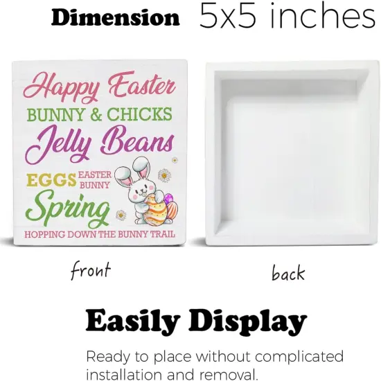 Easter Decor Happy Easter Bunny Wooden Sign, Easter Decorations for the Home, Easter Wooden Plaque Block Sign Rustic Home Kitchen Decor 5 x 5 Inches {2}