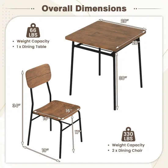 3 Piece Dining Table Set for 2 Wood Square Table with Metal Frame-Brown {5}
