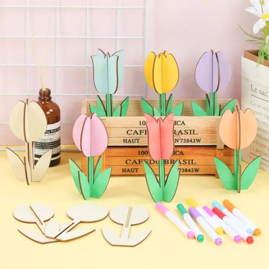 24 Pack Wood Tulips to Paint, DIY Wooden Tulips Flowers Craft Kits with Decorate Tools Spring Summer Centerpieces Craft Ornaments for Home DIY Craft Party Favors Tiered Tray Decorations {2}