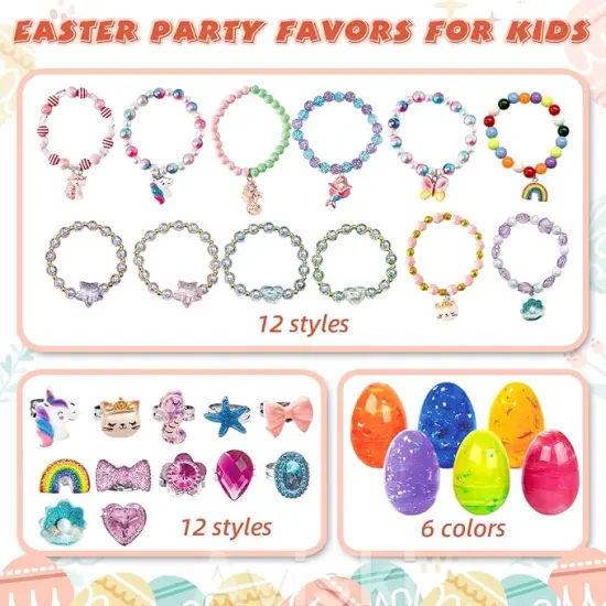 12Pcs Easter Surprise Eggs with Cute Bracelet & Ring Inside for Easter Theme Party Favors, Supplies for Easter Egg Hunt, Basket Stuffers/Fillers, Classroom Prize Supplies Toddler Boys Girls {1}