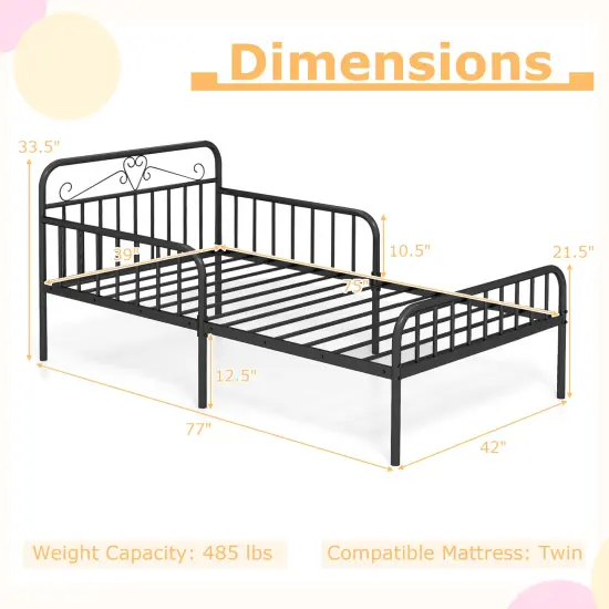 Twin Size Metal Bed Frame with Headboard Included Safety Side Guardrails Black {5}