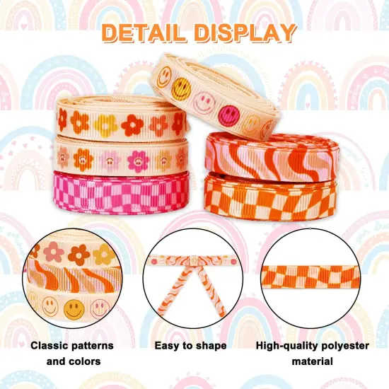 6 Rolls Retro Groovy Ribbon 30 Yards 0.4 Inch Boho Daisy Checkered Face Grosgrain Ribbon Vintage Boho Fabric Craft Ribbon for Wreath Bow Making Gift Wrapping Decor DIY Crafts {6}