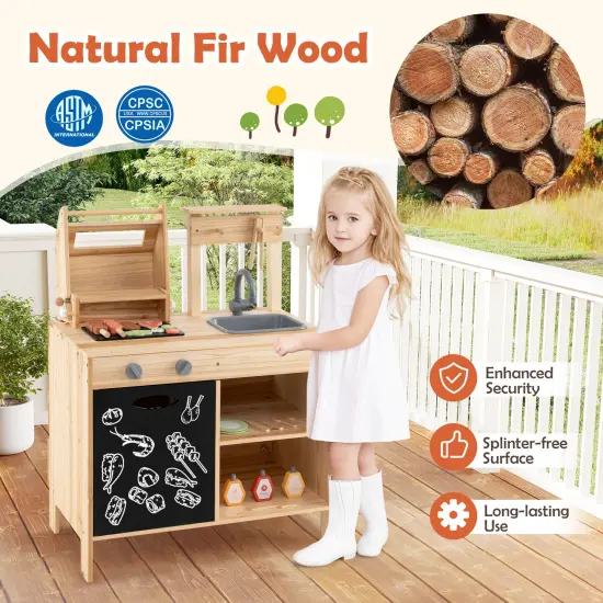 Wooden Barbecue Grill Playset with Chalkboard and Sink and Cabinet-Natural {3}