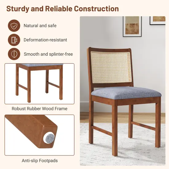 Rattan Dining Chair Set of 2 with Rubber Wood Frame and Linen Fabric Padded Seat-Walnut {5}