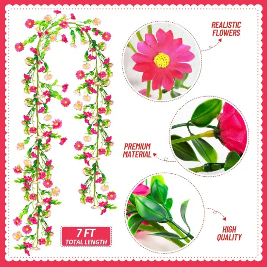2 Pack Spring Flower Garland, 13.6 Ft Silky Artificial Pink Garland with Pink Daisy and Vine, Floral Garlands Decoration for Room Wall, Flower Themed Party, Wedding Supplies {2}