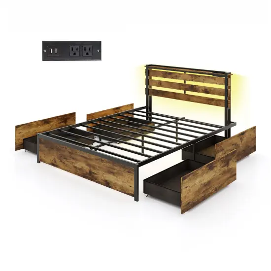Rustic Brown Platform Bed Metal Frame with Drawers LED Lights and USB Ports {3}