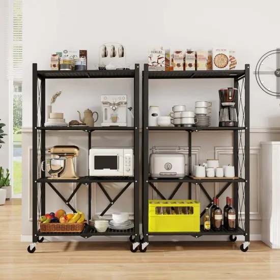 4-Tier Black Fold-able Storage Shelf Collapsible Storage Rack with Lockable Wheels {3}