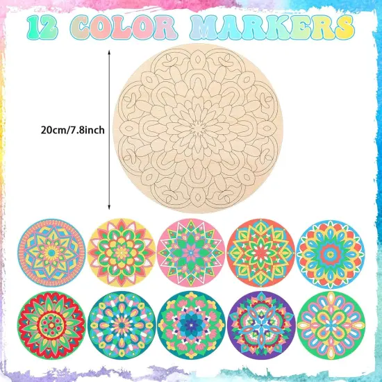 22 Pack DIY Wooden Mandala Art Set 10 Mandala Unfinished Wood Cutouts 12 Markers Lotus Flower Wood Painting Kits for Adults Painting, DIY Crafts Home Decors(Abstract Style) {6}