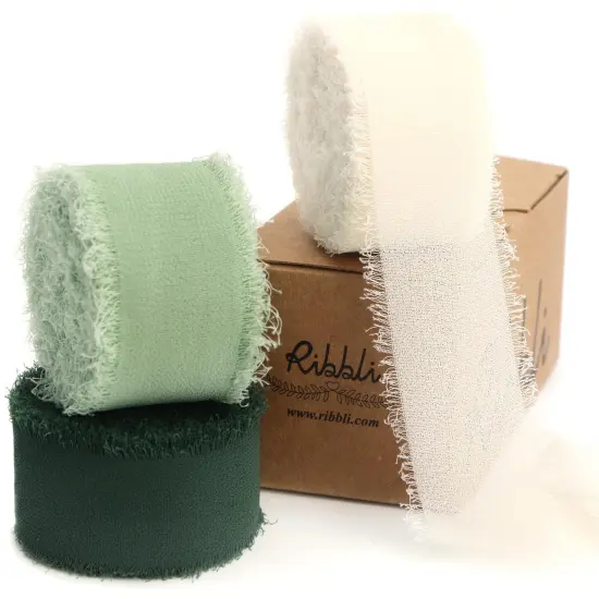 Green Ribbon 1 Inch x 3 Rolls Total 24 Yards Ivory/Sage/Forest Green Handmade Fringe Chiffon Silk Ribbon for Wrapping Wedding Invitations Bridal Bouquets DIY Crafts Home Decor {2}