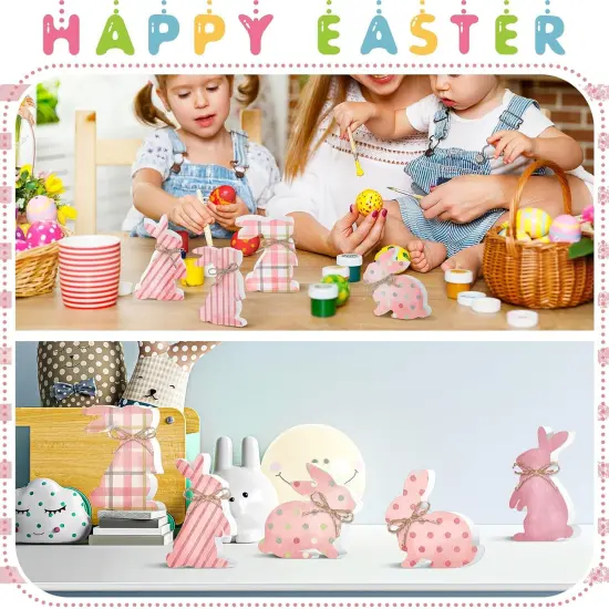 6 Pcs Easter Bunny Wooden Signs Wooden Rabbit Table Decor Pink Bunny Decoration Cute Rabbit Shaped Tabletop Centerpieces for Party Easter Gifts Home Tiered Tray Decor {5}