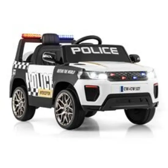12V Electric Kids Ride-On Police Car with Remote, Siren, and Flashing Lights White {8}