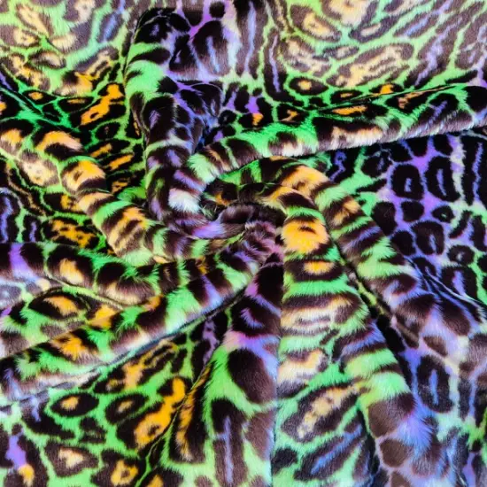 1 Yard Leopard Tie Dyed Faux Fur Fabric Black Light Reflective for Costumes and Decor Orange/Lime/Purple {7}
