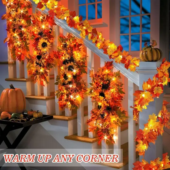 2 Pack Fall Maple Leaves Garland with Lights - 11.8Ft 40LED {2}