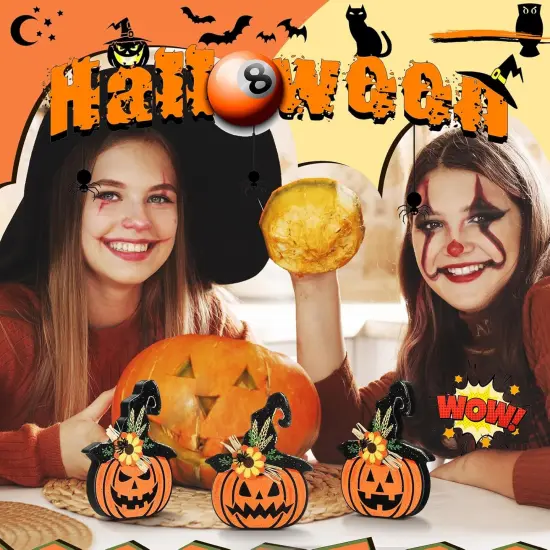 3 Pieces Halloween Pumpkin Wooden Table Sign Tiered Tray Decor {4}