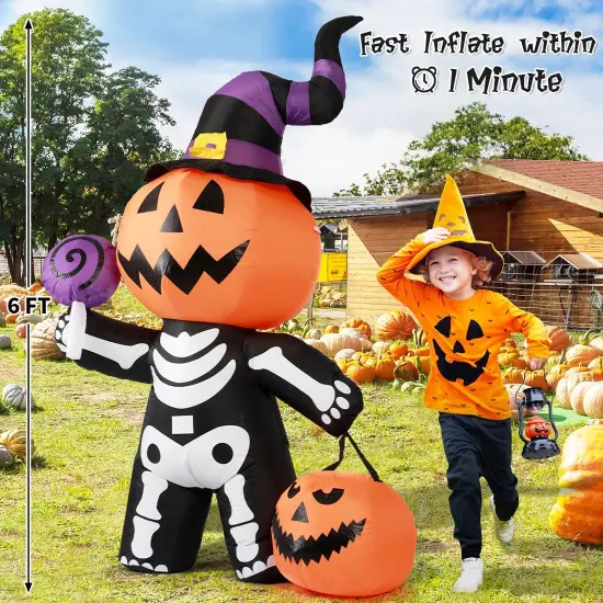 GOOSH 6 FT Halloween Inflatable Pumpkin Skull Body Blow Up Yard Pumpkin with Built-in LEDs {5}
