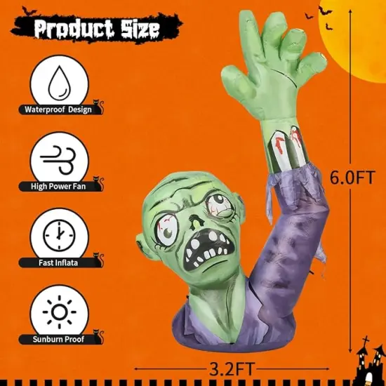 GOOSH 5FT Halloween Inflatables Zombies Blow Up Yard Terror Green Zombies Raise Hands with Built-in LEDs {6}