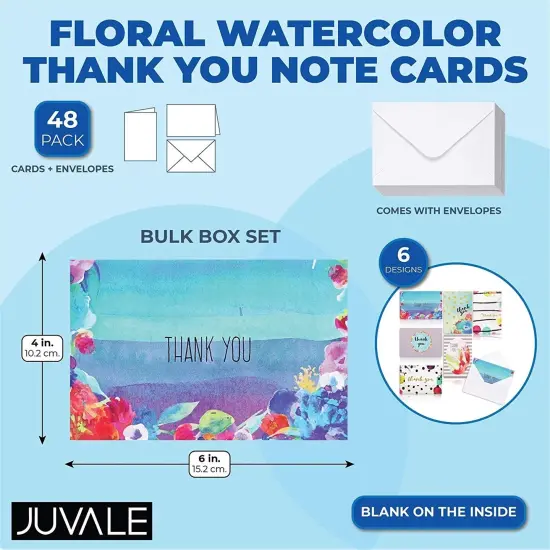 Blank Thank You Cards and Envelopes, Cute Watercolor Greeting Cards (4 x 6 In, 48 Pack) Multicolor {2}