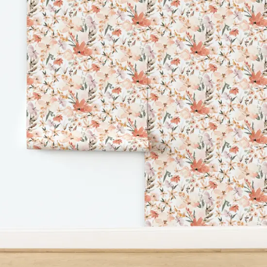 Non-Pasted Wallpaper 2FT Wide Peach Flowers Spring Coral Orange Pink Earth Tones Nursery Girl Sweet Cute Traditional Wallpaper by Spoonflower {2}