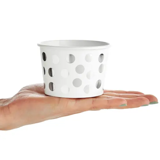 50 Pack Paper Ice Cream Cups for Frozen Yogurt, Disposable Dessert Bowls with Silver Foil Polka Dots (8 oz) White {7}