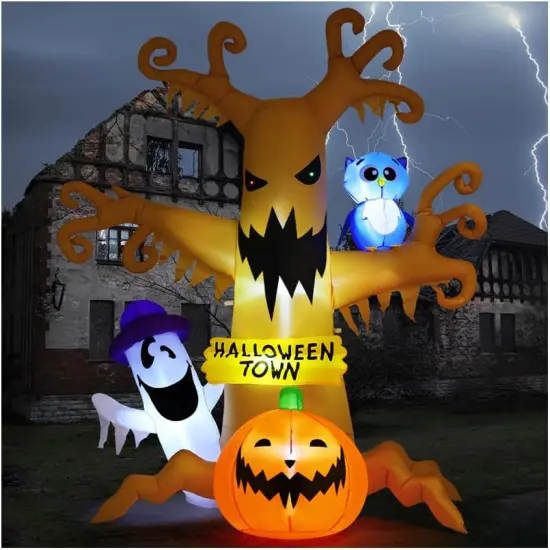 GOOSH 8 FT Halloween Inflatables Dead Tree with Owl Ghosts and Pumpkins with Built-in LED Lights {1}
