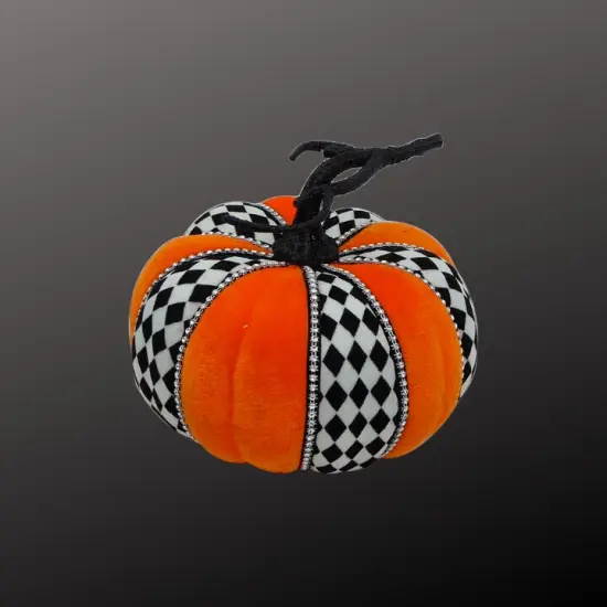 6&rdquo; Velvet Harlequin Pumpkin &ndash; Orange & Black Diamond Halloween Decor with Rhinestone Trim {3}