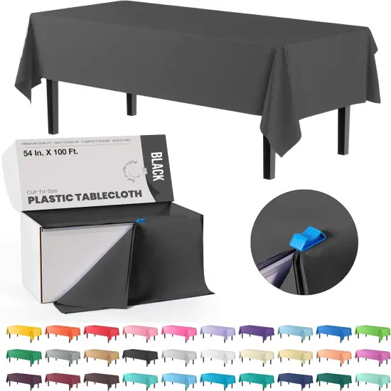 Exquisite Party Solids 54" x 100' Plastic Table Cover Roll with Slide Cutter &ndash; Cut-to-Size Dispenser Box &ndash; Makes Up to 36 Disposable 8' Rectangle Tablecloths Black {1}