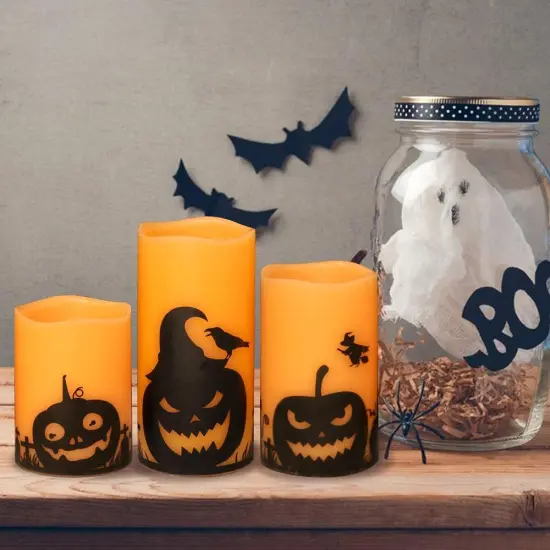 Set of 3 -Halloween Flameless Candles, LED Flickering Battery Pillar Candles {2}
