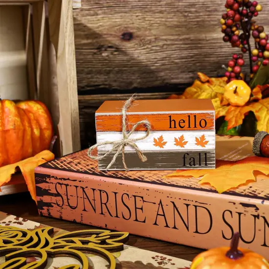 2Pcs Thanksgiving Fall Mini Wooden Book Stacks with Hemp Rope {3}