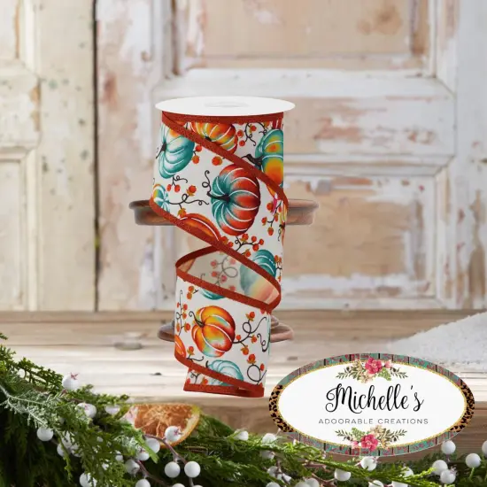2.5" Pumpkins Bittersweet Ribbon: Ivory/Teal (10 Yards) {2}