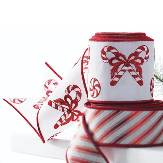 4" Candy Cane Embroidered Ribbon: Red (10 Yards) {3}