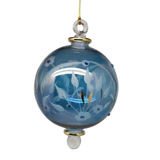 Etched Blown Glass Ball with Crystal Accents - Blue {2}