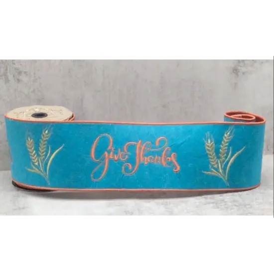 4" Embroidery Give Thanks Felt Ribbon: Teal (5 Yards) {3}