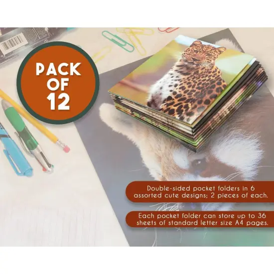 Wild Animal File Folders with Pockets, School Supplies (9.5 x 12 In, 12 Pack) Multicolor {5}