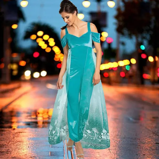 Womens Deluxe Jasmine Costume With Teal Satiny Jumpsuit And Sheer Cape {2}