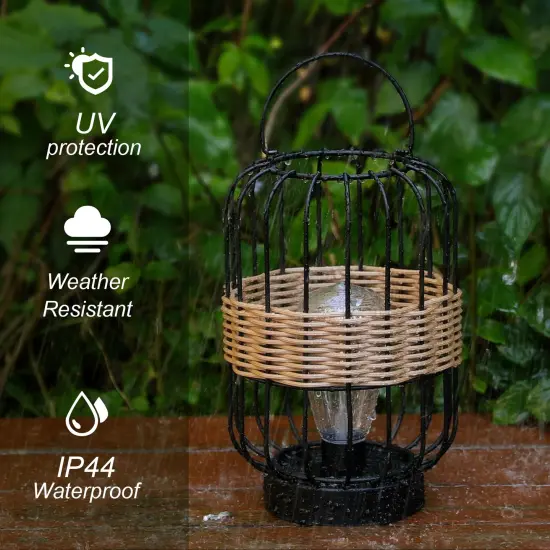 Set of 2 11.75"H Metal Wire Faux Rattan Solar Powered Outdoor Lantern with Edison Bulb and Handle {5}