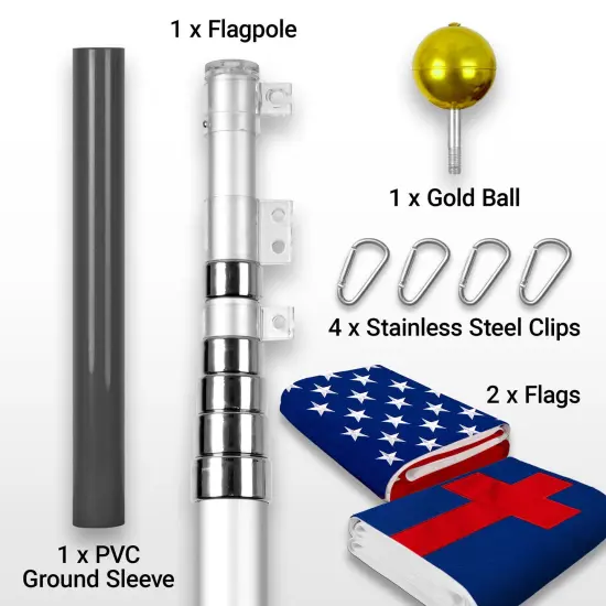 G128 Combo Pack: 25 Ft Telescoping Aluminum Flagpole (Silver) & American and Christian Flags 3x5 Ft, Both StormFlyer Series Embroidered 220GSM Spun Polyester | Pole with Flags Included {2}