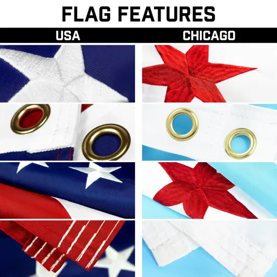 G128 Combo Pack: 20 Ft Telescoping Aluminum Flagpole (Black) & American and Chicago City Flags 3x5 Ft, Both ToughWeave Series Embroidered Polyester | Pole with Flags Included {3}